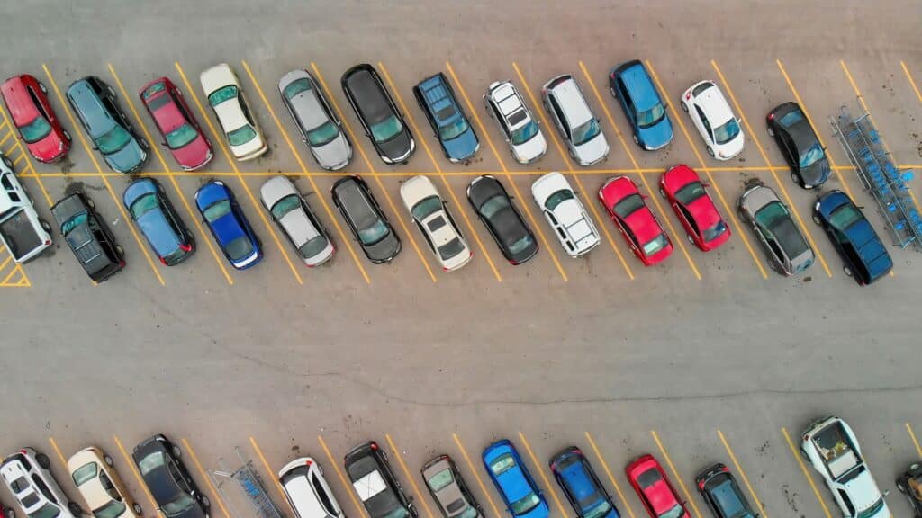 Aerial view of cars in an outlet mall parking lot in the United States, Shutterstock ID#2225725153